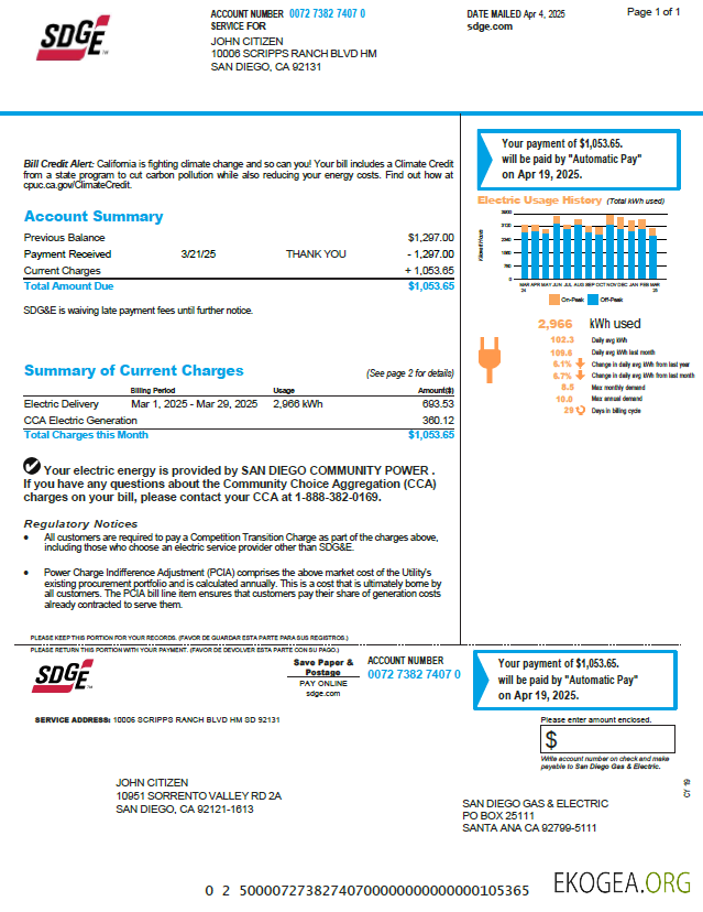 USA SDGE utility bill template in Word and PDF formats, version 2